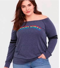 NWT Torrid Good Vibes Navy Off Shoulder Sweatshirt Blue Soft Plus Size 1X New