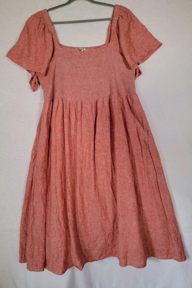 Madewell Women’s Linen-Blend Smocked Midi Salmon Pink Dress Size 1X - Image 2 of 4