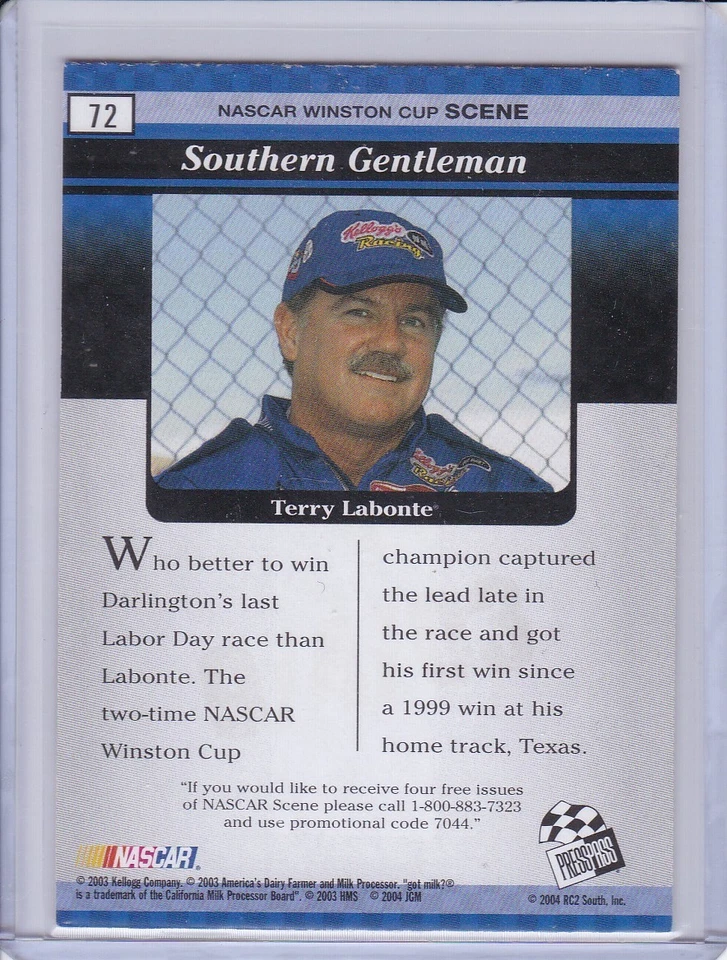 Terry Labonte 2003 Replay: Southern Gentleman 2004 Press Pass Eclipse card 72 - Image 2 of 2