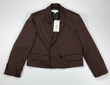 NWT Zara Brown Double Breasted Satin Blazer Jacket Shoulder Pads Small read 