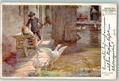 Youth has no virtue children's games wheelbarrow signed Czech Artist - 39627430
