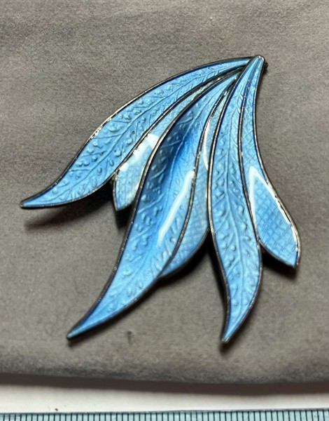 VTG Knut A. Rasmussen Norway Sterling Silver Blue Enamel Long Leaves Brooch