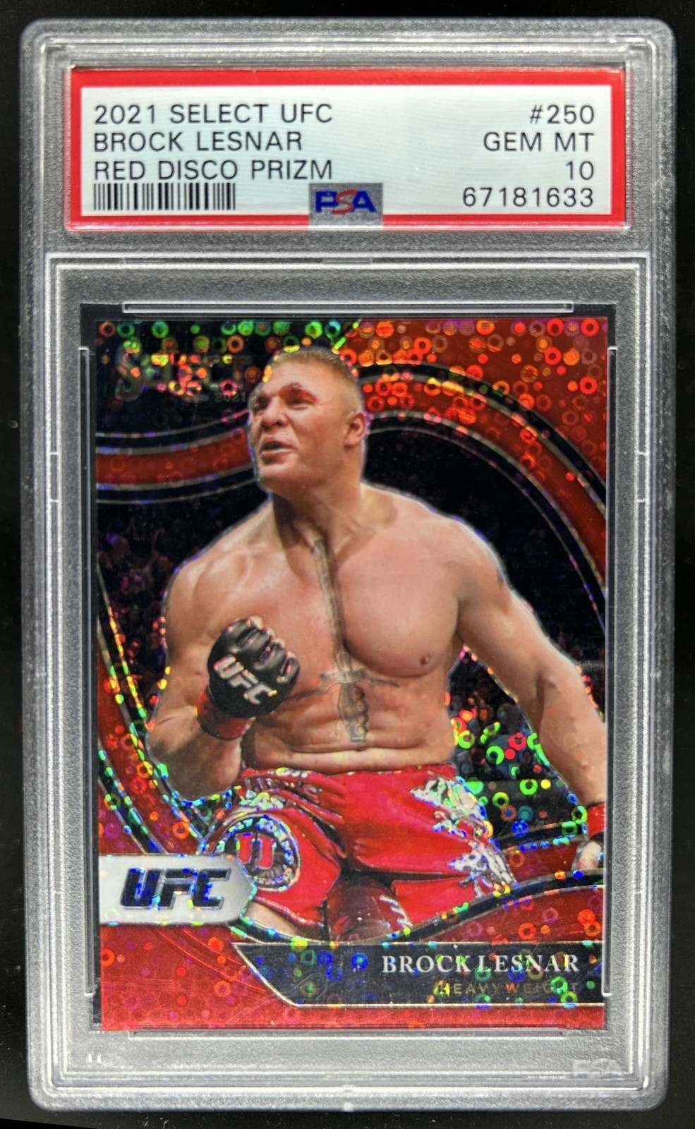 2021 Panini Select UFC Brock Lesnar Red Disco Prizm Octagonside #/199 PSA 10 view 1