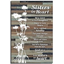 Sisters in Heart Wood Plaque - Made the USA - 6 inches x 9 inches, black
