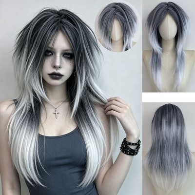 Women Ombre Black White Layered Wolf Cut Wigs Gothic Rock Halloween Cosplay Wig