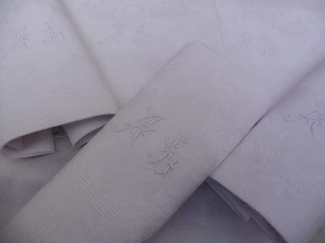 5 ANCIENNES SERVIETTES DE TABLE DAMASSE LIN BLANC"AL"OURLETS MAIN60X66CM - Photo 4/4