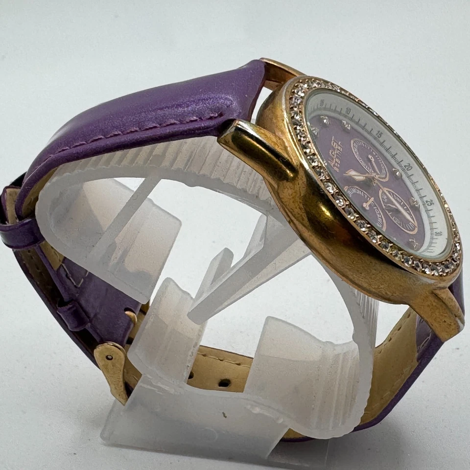 August Steiner Quartz Watch Women Gold Tone Purple Rhinestone Day Date New Batte - Image 3 of 4
