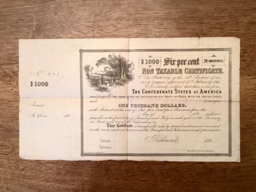 ~ 1864 $1000 Stati Confederati d'America Obbligazione Certificato del Tesoro non imponibile