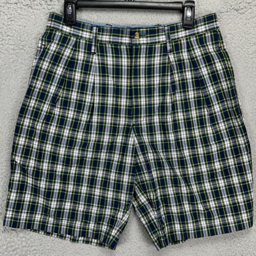 Tommy Hilfiger Khakis Shorts Mens 32 Blue Green Tartan Plaid Flat Front Pockets