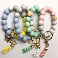 Beaded Silicone Keychain Bracelet Pastel Color Fashion Bead Wristlet Keyholder