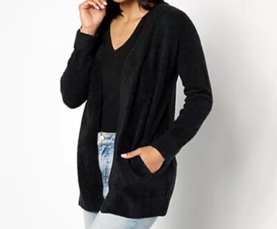 Barefoot Dreams CozyChic Lite Ribbed Cuff Coastline Cardigan Black Womens Medium