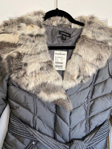 Bebe Puffer Short Coat With Fur Trim Vintage Nwt Size Xs Grey Multi Color Fur - Picture 2 of 3