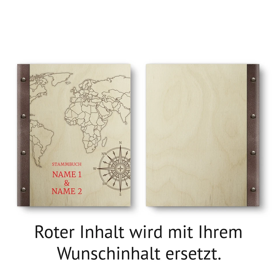 Personalisiertes Stammbuch Birkensperrholz Holz Leder A5 - Weltkarte - Bild 4 von 4