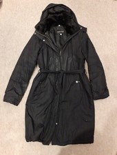 Emporio Armani Long Coat Sz.m Hooded Padded Real Fur Collar Belted Jacket Black.