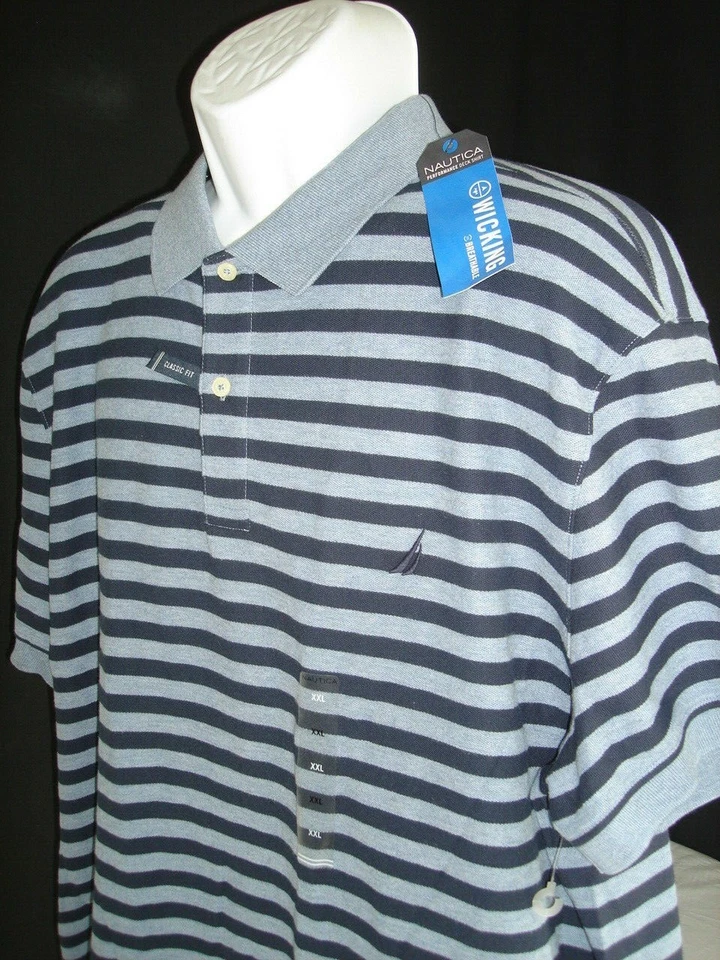 全新带标签 NAUTICA 性能经典合身 2 色蓝色条纹 S/S POLO 衫 2XL — 第 2/4 张图片