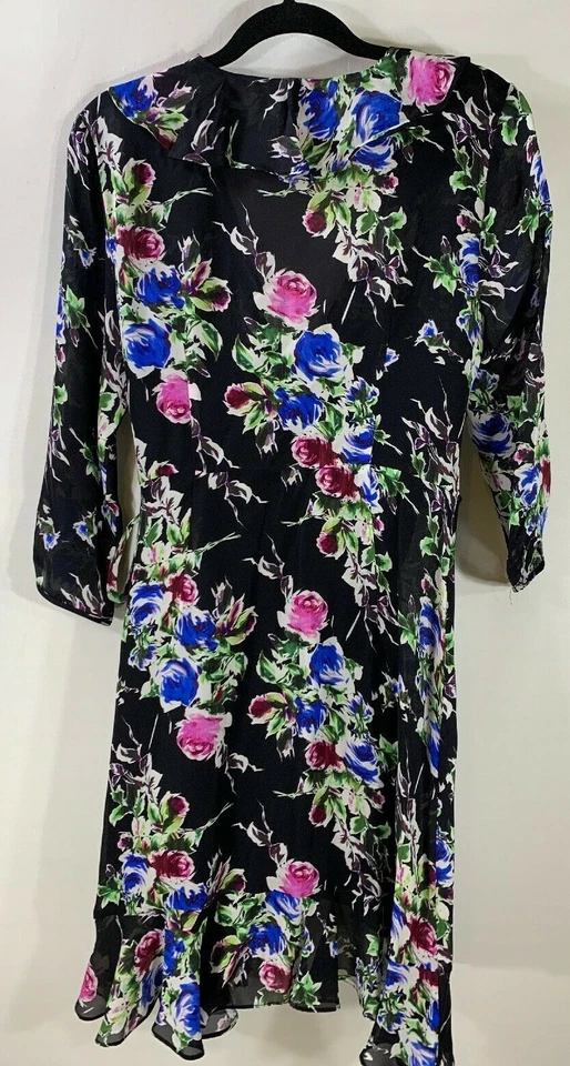 NUEVO MILLY Audrey Vestido Floral Seda Envolvente en Negro/Multi - Talla 10 #D2634 Foto 3 de 4
