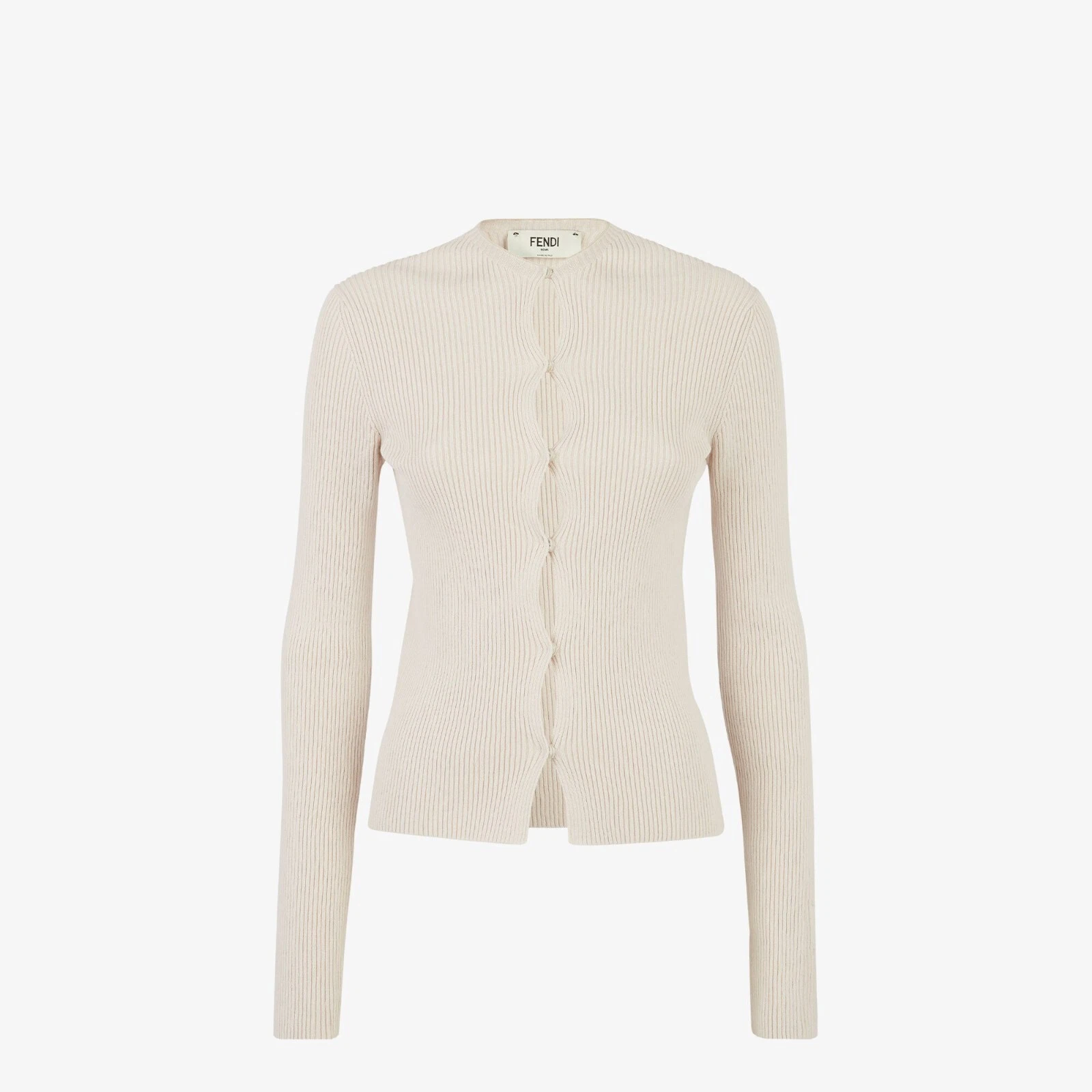 Fendi — FENDI 1550$ Beige Cotton Cardigan - Rib Knit, Snap Closure, Cut-Out Motif
