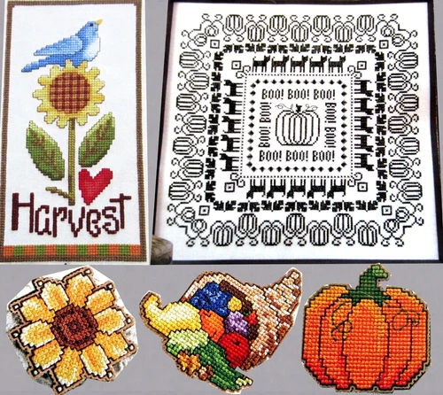 Simple Harvest Bluebird Pumpkin Patch Night Autumn Pins CROSS STITCH PATTERNS