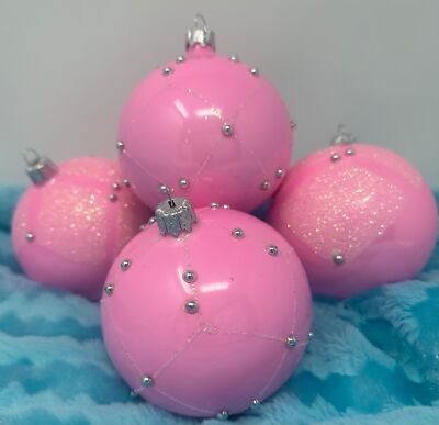 Pink Beaded Ornaments handmade in Poland, Pink Christmas Ornament set of 4, NEW