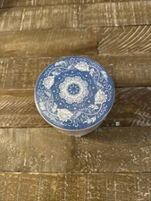 Jewelry Ceramic Round Container 4" White Blue Floral Lid Trinket Home Kitchen