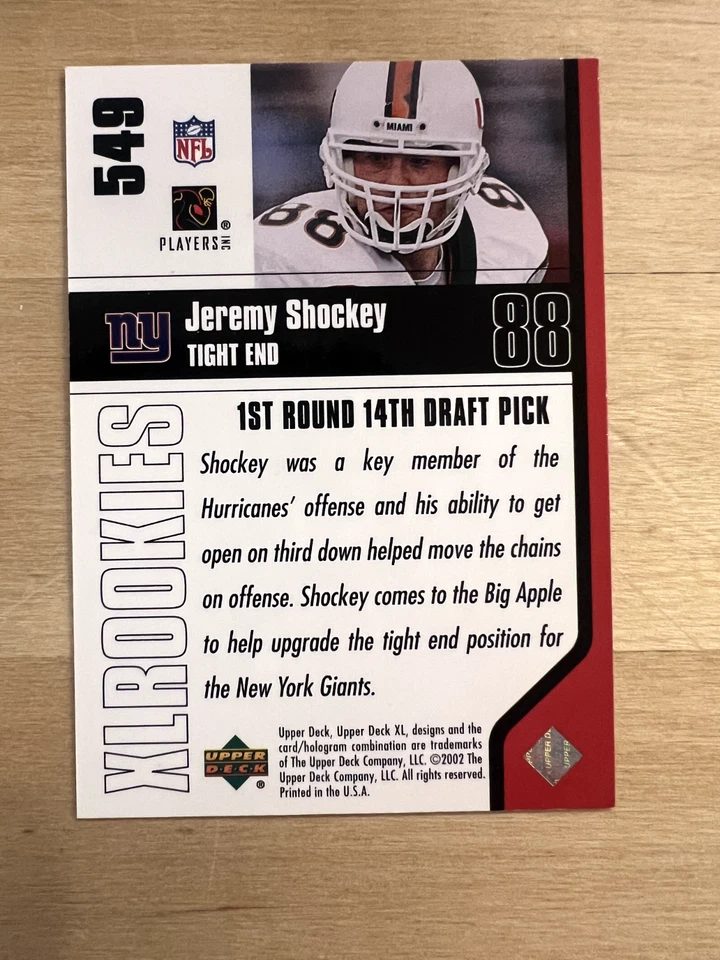 2002 Upper Deck XL - Rookie Jeremy Shockey #549 (RC) Miami Hurricanes NY Giants - Image 2 of 2
