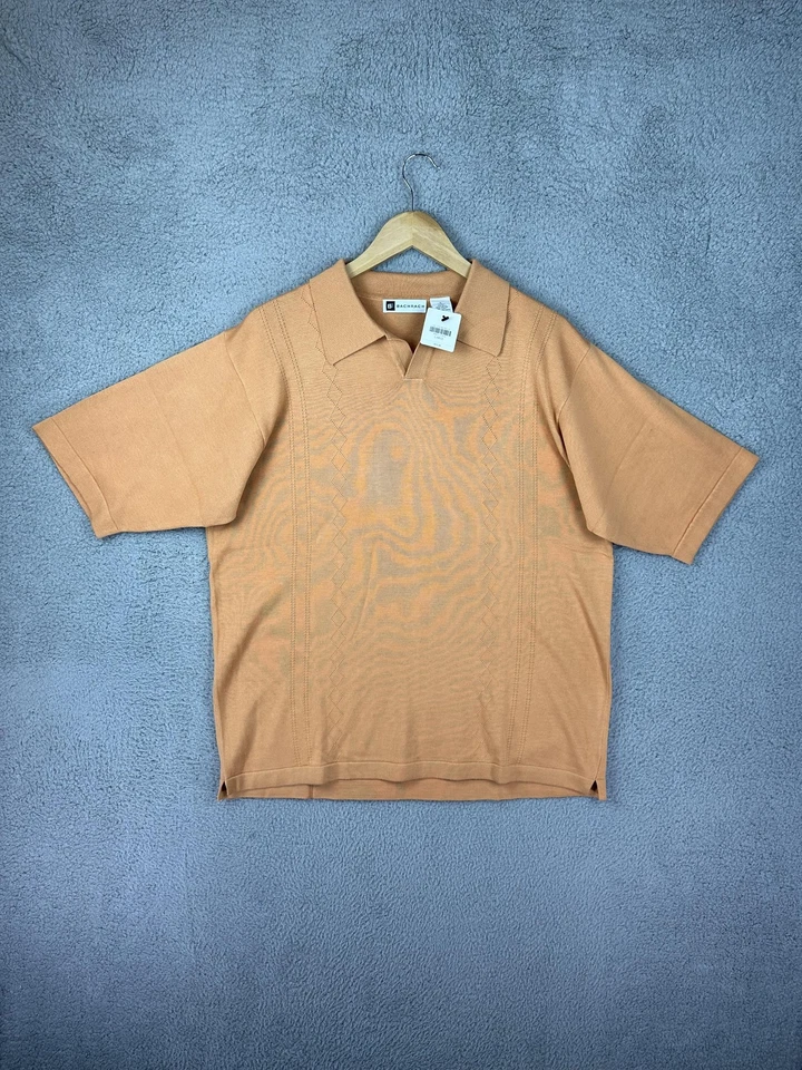 Bachrach Shirt Mens L Silk Tan Knit Polo Johnny Collar Textured Short Sleeve New - Image 2 of 4
