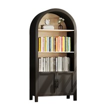 Tall Arched Bookcase 3-Tier Display Bookshelf Cabinet With Storage Shelf Door