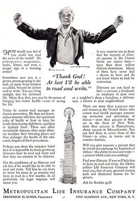 1929 Metropolitan Life: Thank God At Last I'll Be Able to Read Vintage Print Ad