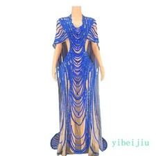 Women Sexy See Through Performance Crystal Glitter Long Dress Evening Prom Stage
