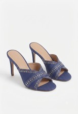 Women  s Blue Studded Open Toe Mule Heels Slip-On Stiletto Synthetic Upper