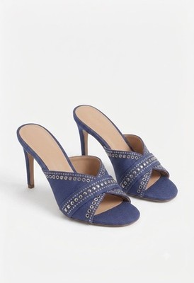 Women s Blue Studded Open Toe Mule Heels Slip-On Stiletto Synthetic Upper