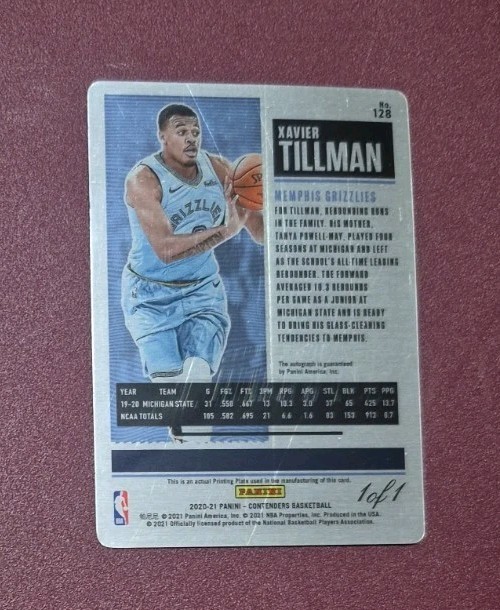 1/1 RC AUTO XAVIER TILLMAN 2020-21 Panini Contenders Printing Rookie view 2