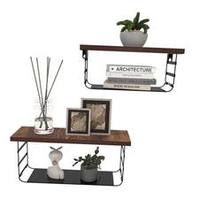  Wall Mounted Shelf Set of 2, Wall Floating Shelves with Black Metal for 2 Tier