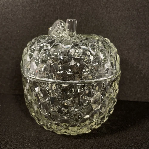 Jeanette Glass Clear Glass Apple Candy Dish Cubist Optic Lidded Apple Dish Jar