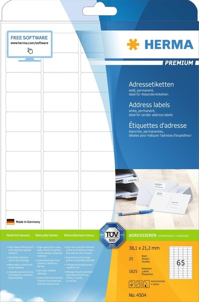 Adressetiketten Premium A4 38,1X21,2 Mm Runde Ecken Weiß Papier Matt 1625 St.-image