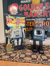 Vintage Alps Tin Television Spaceman Space TV Japan Robot Toy W Repro Box