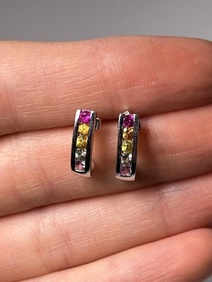 Solid 14K White Gold J-Hoop Earrings & Rainbow Sapphires