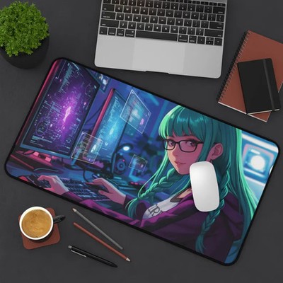 Cyberpunk Anime Desk Mat   Gamer Girl Tech Hacker Decor Mouse Pad