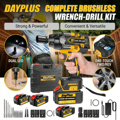 DayPlus 1500Nm 3in1 Brushless Schlagschrauber Bohrmaschine 1/2'' Schrauber 21V 2 Akku Set