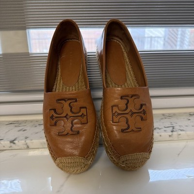 Tory Burch Ines Logo Patch Espadrille Tan Raffia Leather Loafer Women's Size 8