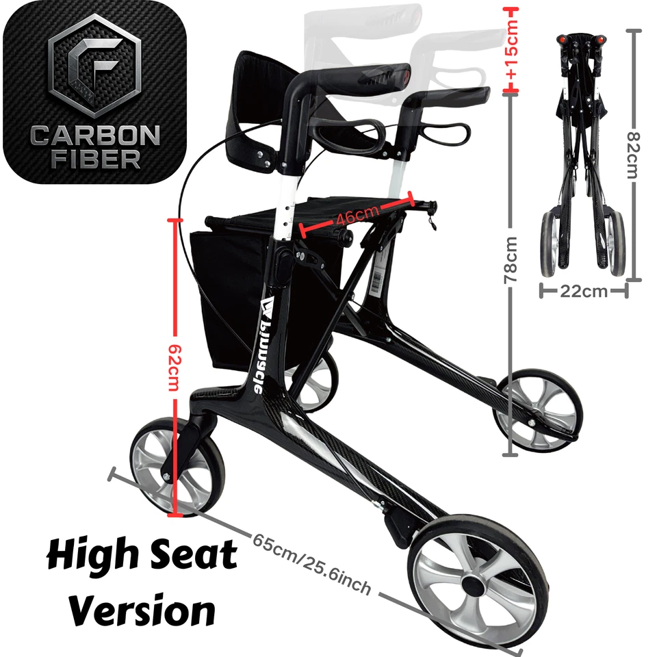 Carbon Fiber Fibre Rollator Ultralight Walker HighSeat Lighter Better Adjustable - image 4 of 4
