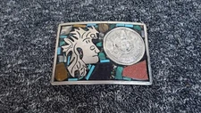 Vintage 925 Sterling Silver Aztek Motiff Belt Buckle ~ Mexico Stamp 3" x 2 1/8"
