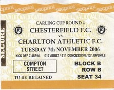 CHESTERFIELD V CHARLTON ATHLETIC ~ 7 NOVEMBER 2006 ~ MATCH TICKET