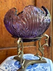 Vintage Fenton Purple Lotus Rose Bowl Candle Holder with Brass Pedestal Stand
