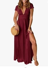 Anrabess Womens Elegant Maxi Dress Deep V-Neck Side Slit Burgundy Size S Party