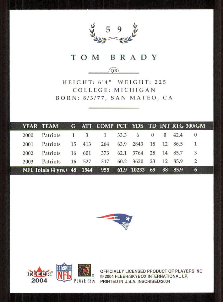 2004 Fleer Inscribed #59 Tom Brady - Image 2 of 2