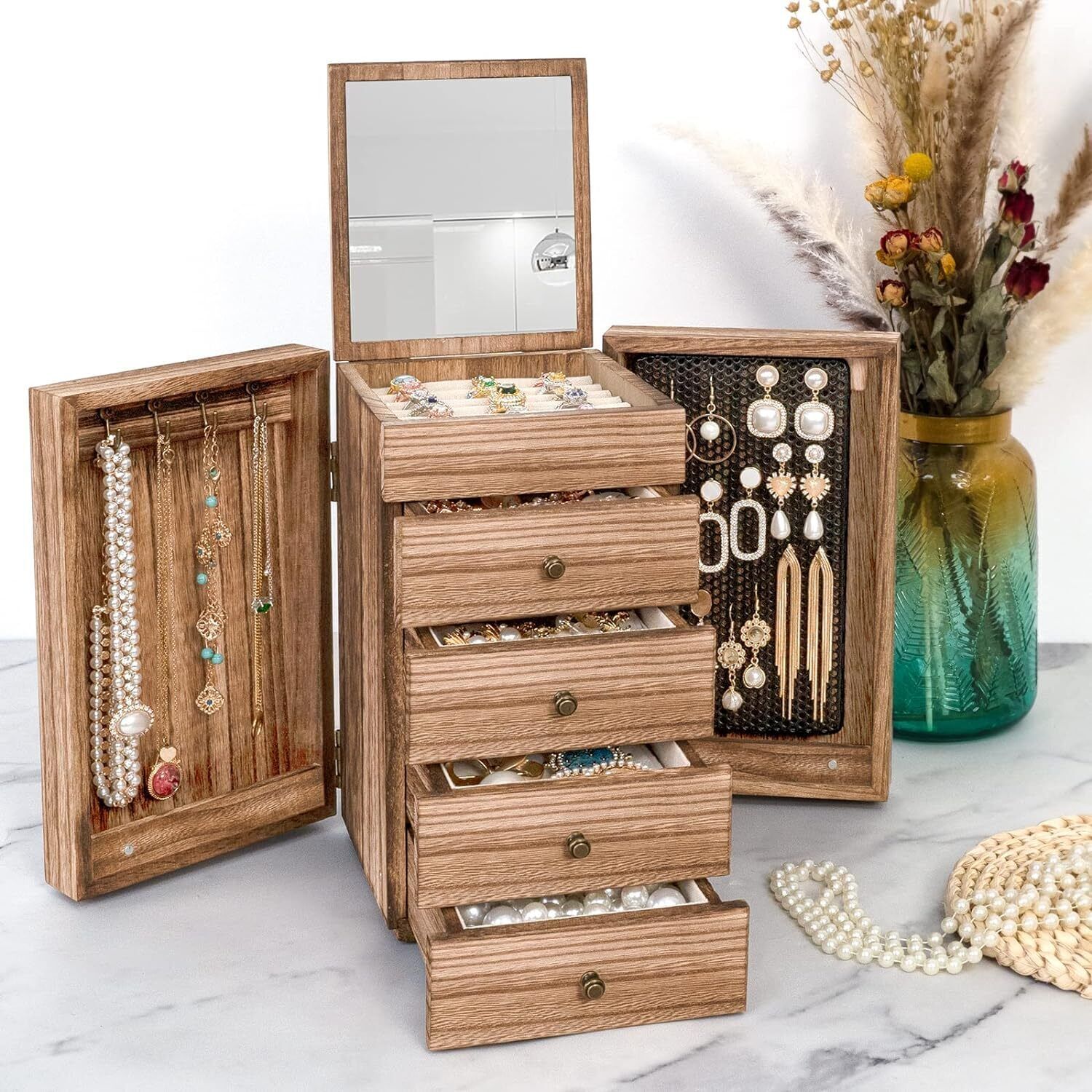 Jewelry Box Wood for Women 5-Layer Large Organizer Box with Mirror & 4 Drawers-image