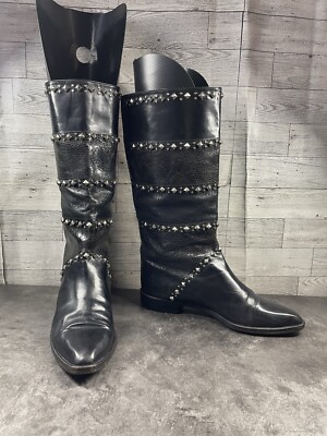 Stuart Weitzman Boots Women 7.5B Shoes Vtg 80s Studded Black Leather Festival