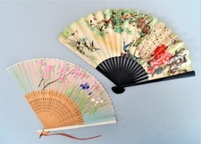 2 Beautiful Vintage Lady's Handheld Fans Wooden Handles Cloth Paper