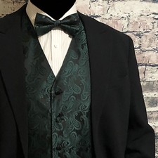 Dark Forest Green Paisley Tuxedo Suit Dress Vest Waistcoat Bowtie Wedding Prom